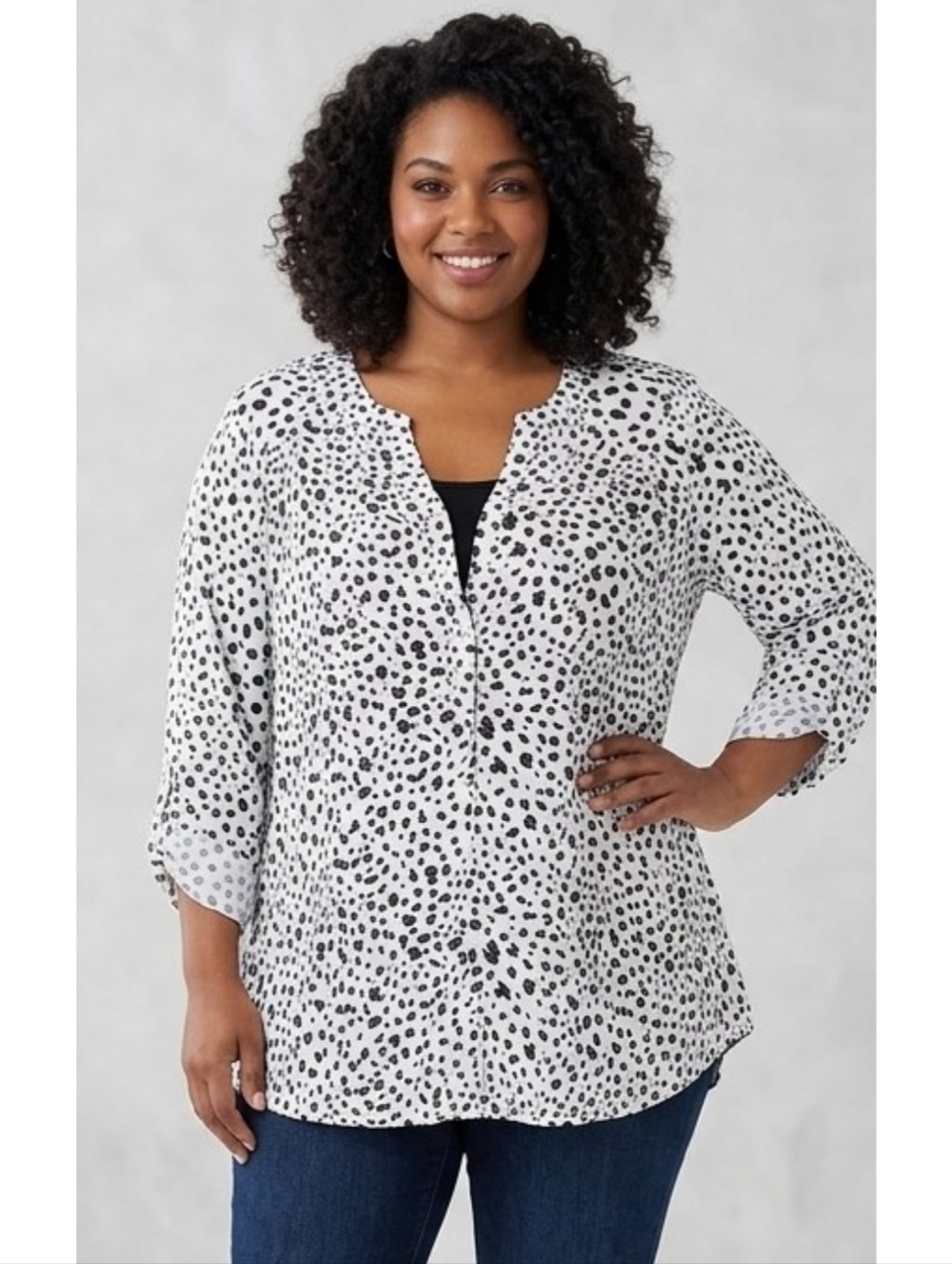 FLJ Studio Animal print half button blouse White Size 2X